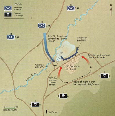 Below left: The 6th Fallschirmjager's Company 16, led by Sergeant Alexander Uhlig, mounted counterattacks against the 1st and 2nd battalions of the 358th Regiment, 90th Division, after the Americans pushed across the Seves River on July 22. 44n2.jpg