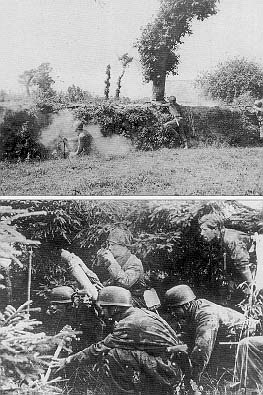 S (BLACK & WHITE): Top: Using a hedgerow as cover, one GI fires a rifle grenade from his M-1 while two others provide supporting fire. Above: A Fallschirmjager mortar team, advised by a spotter, prepares to fire an 81 mm mortar into the American defenses from a well-concealed position. 47n1.jpg